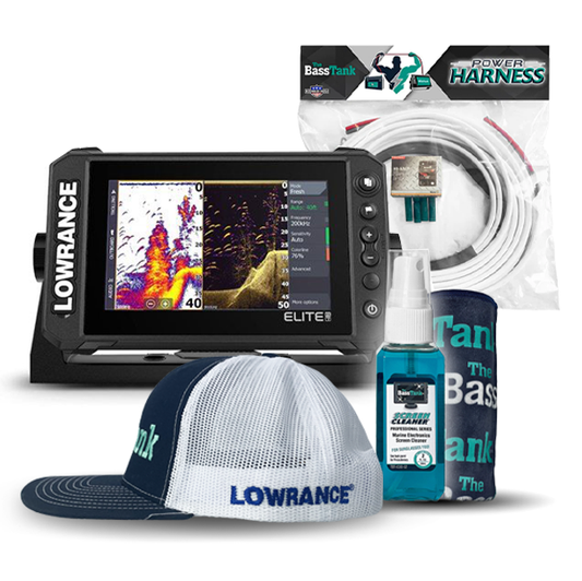 Lowrance Elite FS™ 7 Chartplotter/Fish Finder System and a Lowrance Bass Tank Hat + Power Harness + Screen Cleaner Bundle